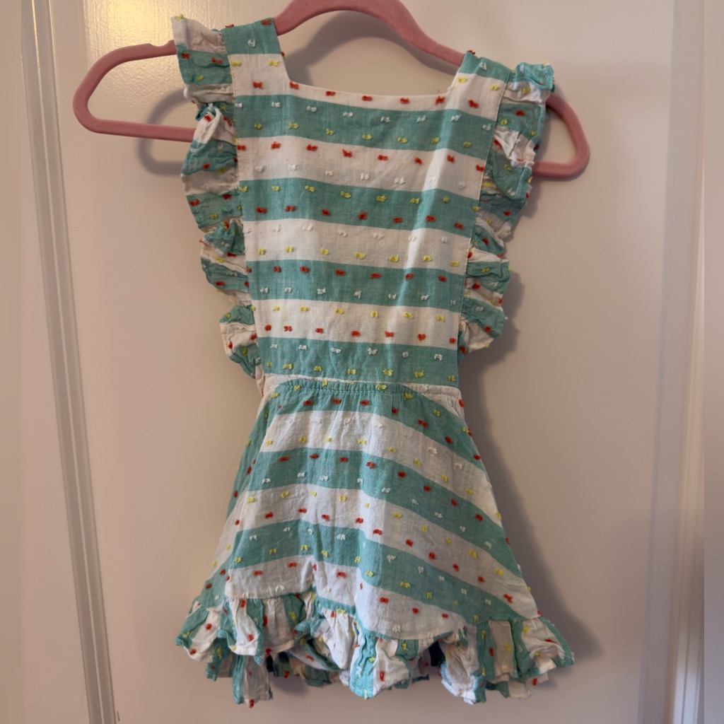 Striped Ruffle Pinafore Dress With Colorful Dots